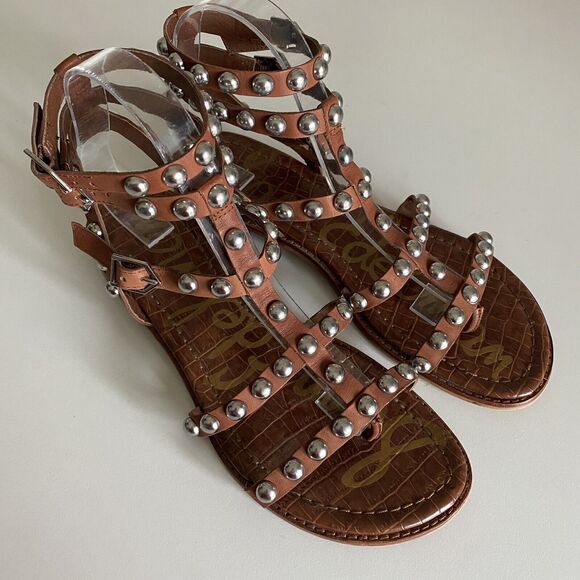 Sam Edelman Eavan Beaded Stud Sandal Brown Cage Gladiator Silver Metal Thong 7.5 - Picture 2 of 9